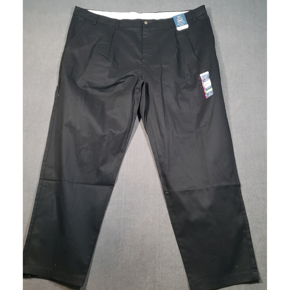 George Premium Khaki Pants Mens 46x32 Black Pleated Straight Leg Stretch NWT